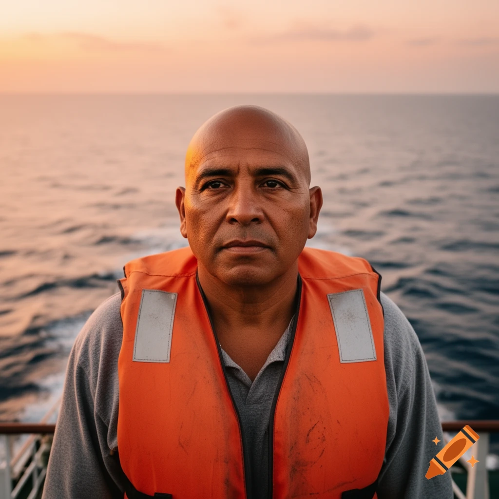 A bald man in an orange life vest stands on a boat at sunset, looking directly at the camera with the ocean in the background.