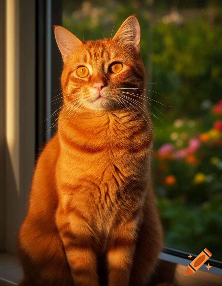 An orange tabby cat with amber eyes sits on a sunlit windowsill, looking forward with a blurred green and pink outdoor background.