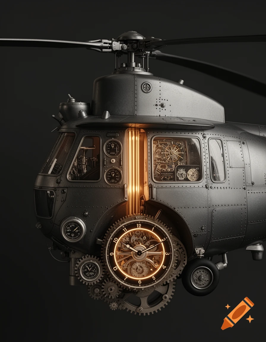 A detailed steampunk helicopter with exposed clockwork gears and glowing elements on a dark background.