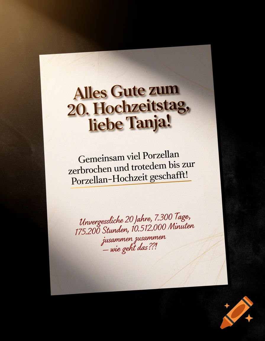 A cream-colored wedding anniversary card for "Tanja" for 20 years, with text in dark brown and red fonts, lying on a dark surface.