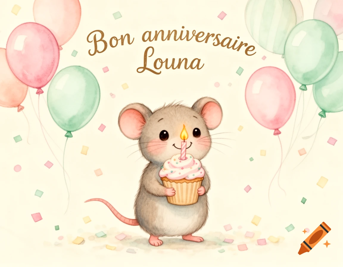 Cute watercolor illustration of a mouse holding a cupcake, with 'Bon anniversaire Louna' text, balloons, and confetti.