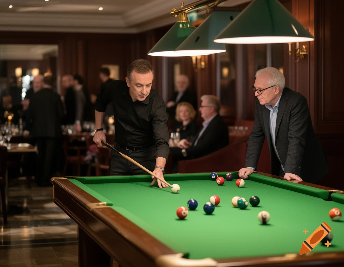 Two men play pool in an elegant, dimly lit room, with one man taking a shot while another watches.