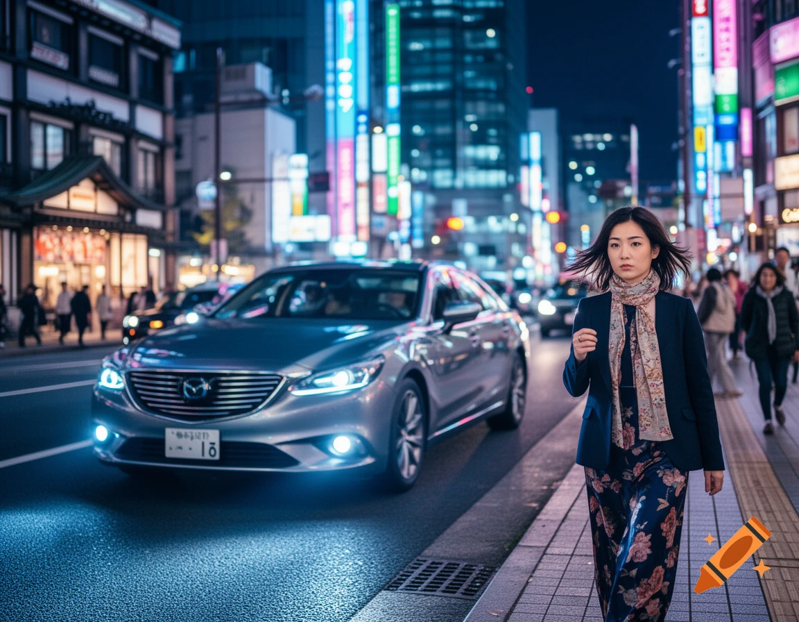 A woman with a blazer and floral pants walks on a city sidewalk at night, a silver car with glowing headlights drives past her.
