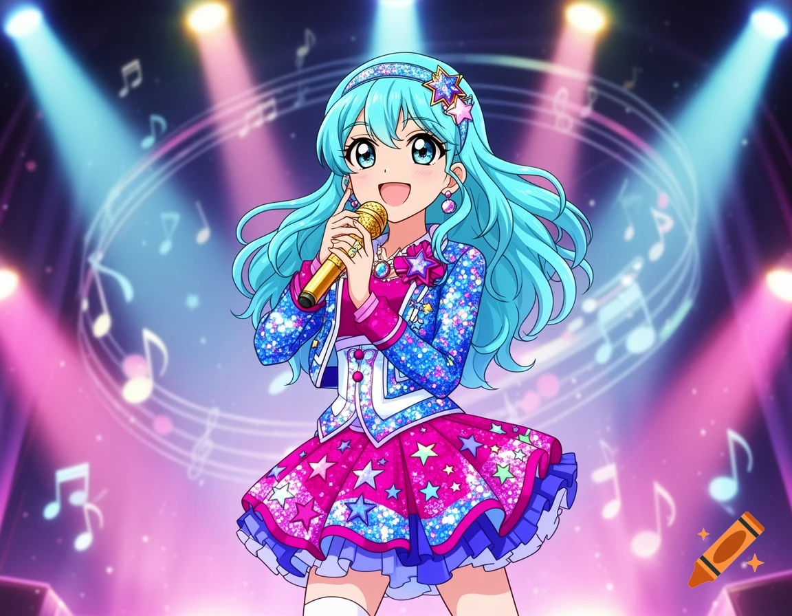 An anime girl with blue hair in a sparkling pink and blue outfit sings into a gold microphone on a stage with spotlights and musical notes.