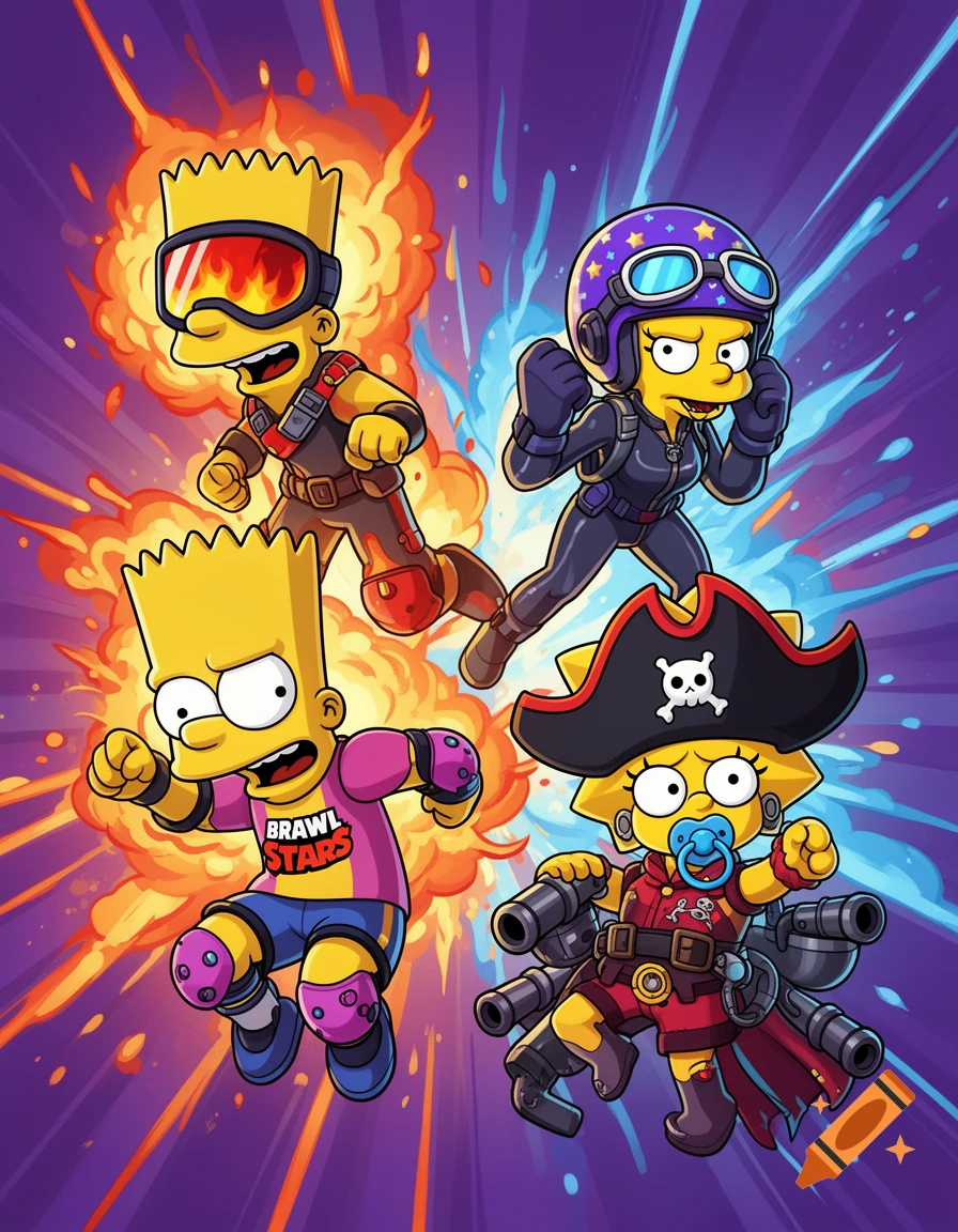 Cartoon fanart of four Simpsons characters (Bart, Lisa, Maggie) dressed as Brawl Stars characters, surrounded by explosions and energy effects.
