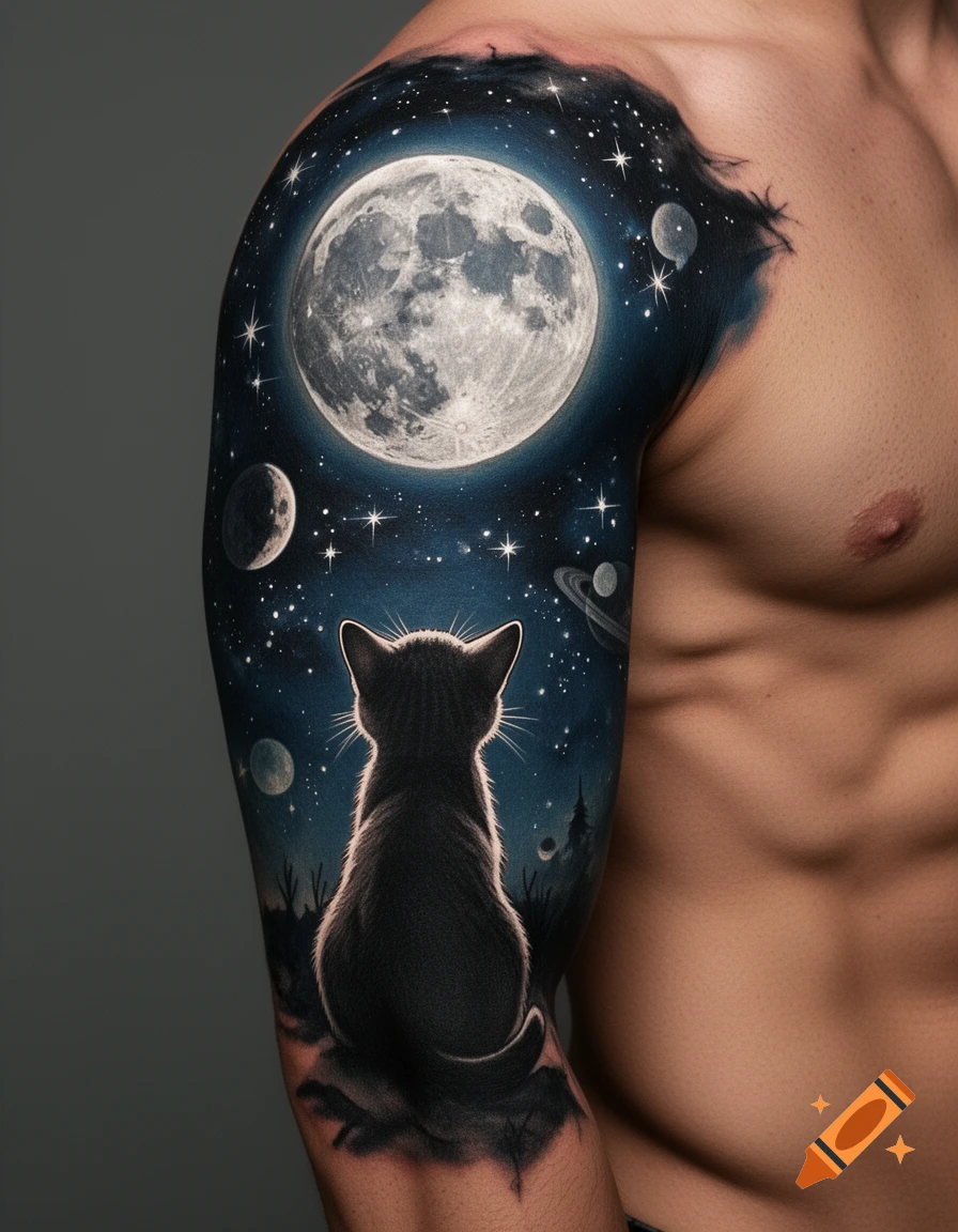 A man's arm tattooed with a black cat silhouetted against a large full moon, stars, and planets in a deep blue cosmic night sky.