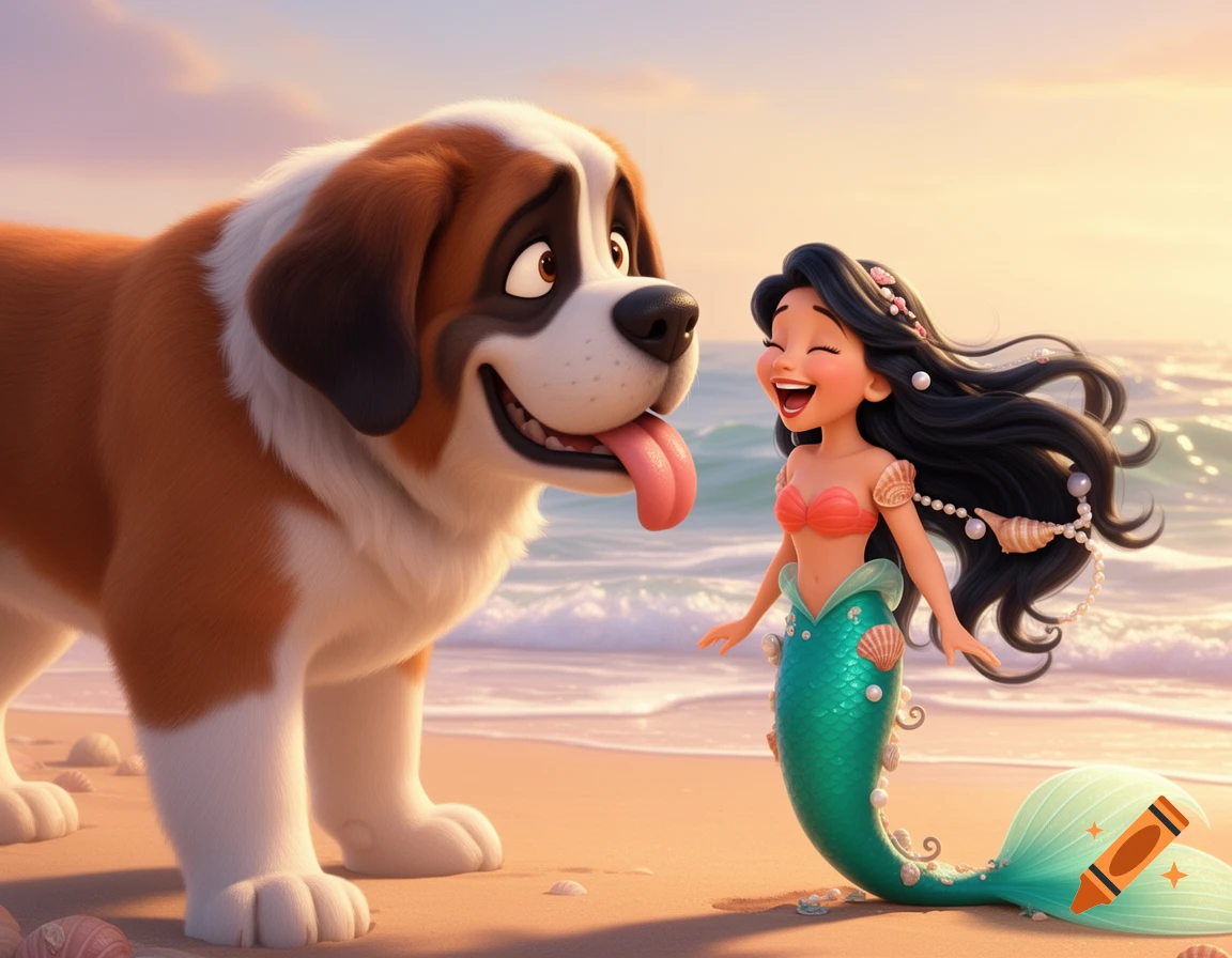An animated St. Bernard dog with its tongue out playfully looking at a laughing mermaid on a sunny beach.