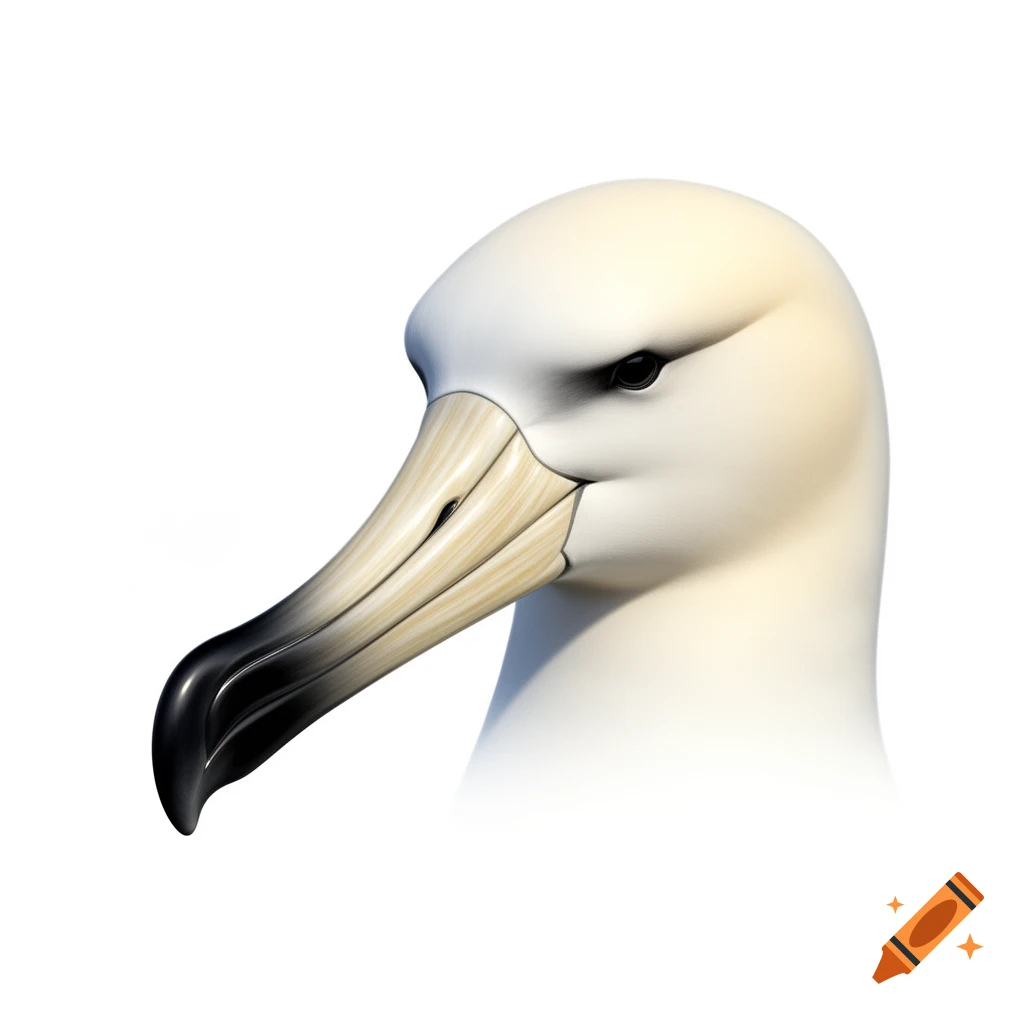Close-up of an albatross head with white plumage and a large beak, beige at the base and fading to black at the tip, on a white background in a clipart style.