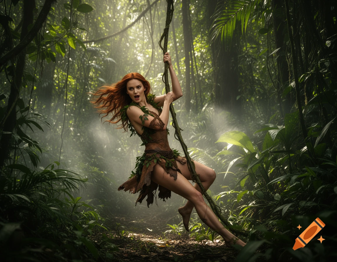 A red-haired woman in leafy Tarzan-like clothes swings on a vine through a lush, sunlit jungle.