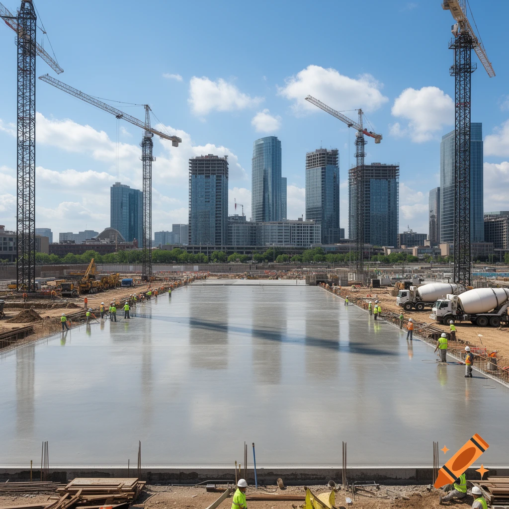Photorealistic image of a vast concrete slab at a construction site with workers, cranes, mixer trucks, and a city skyline.