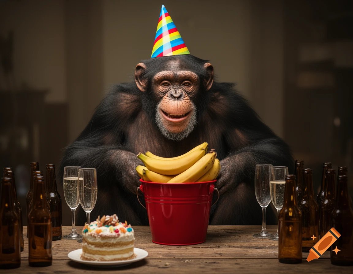 A photorealistic chimpanzee wearing a party hat smiles behind a wooden table with a red bucket of bananas, champagne glasses, beer bottles, and a small cake.