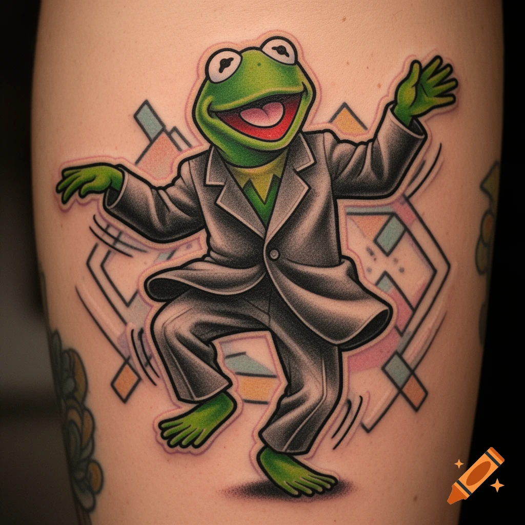 A traditional tattoo of Kermit the Frog dancing in an oversized grey suit with a colorful geometric background.