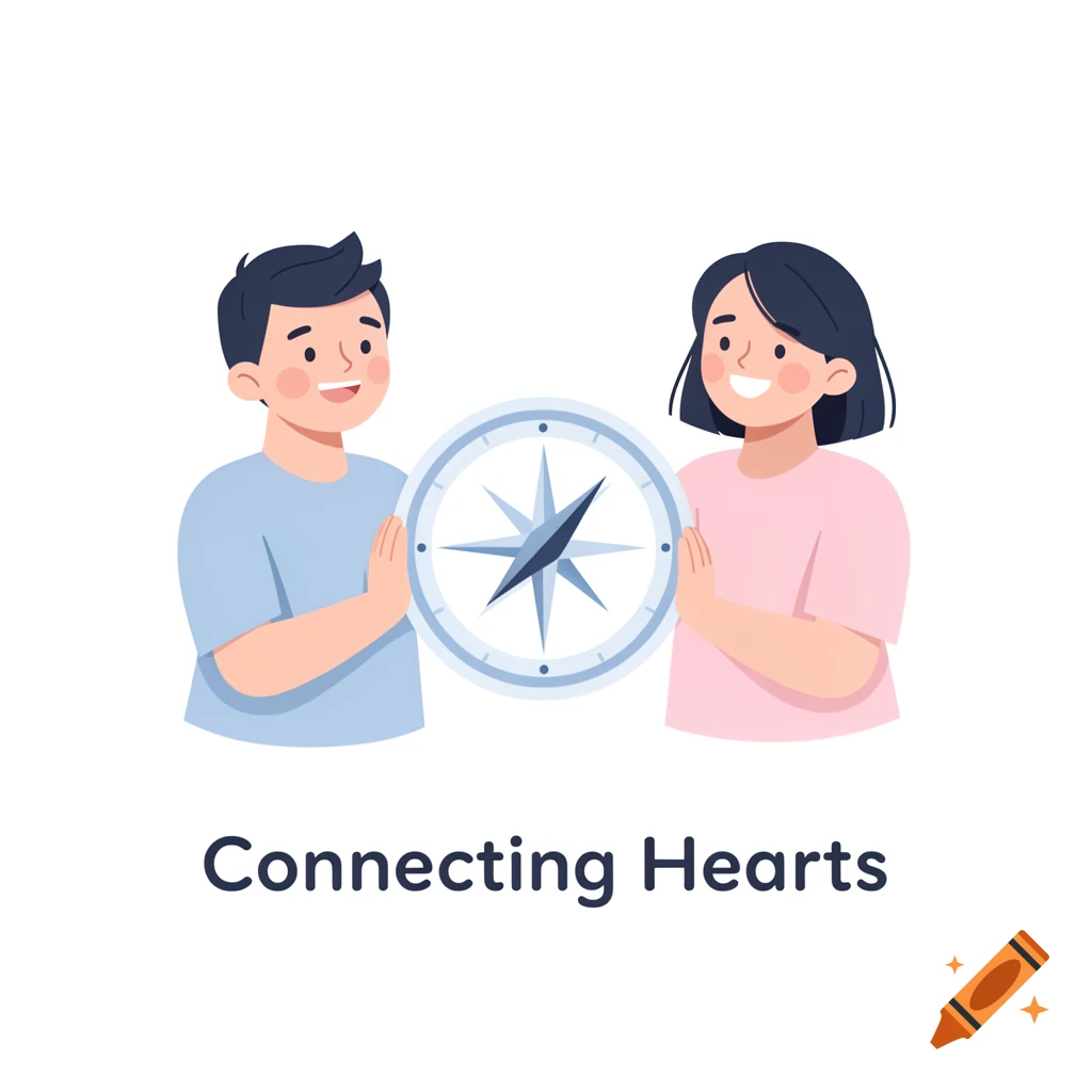 Flat design illustration of a man and a woman smiling and holding a compass, with the text 'Connecting Hearts'.