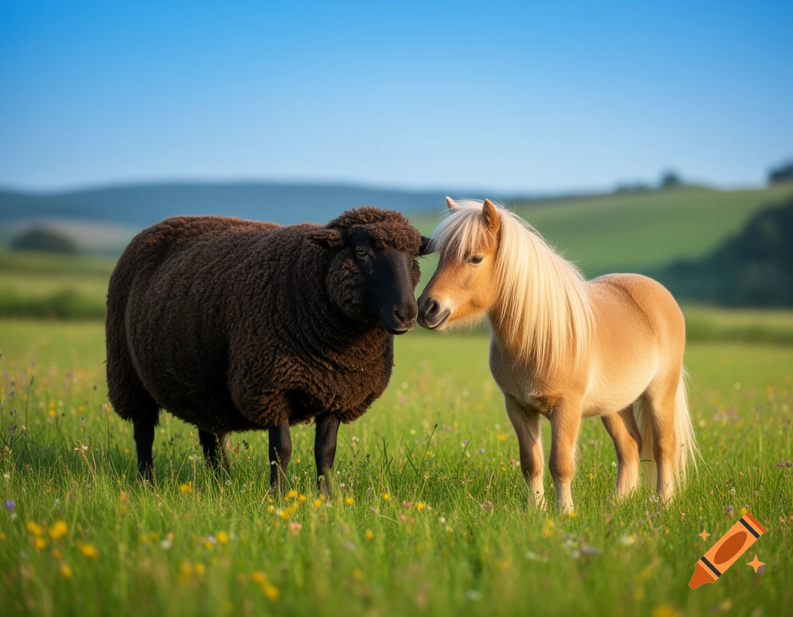 A large dark brown sheep and a small blonde pony touch noses in a sunny green field with hills in the background.