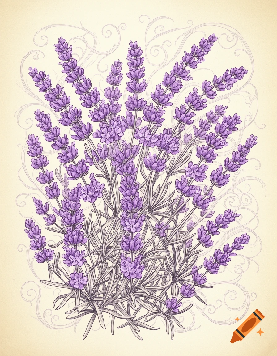 Detailed illustration of a bouquet of purple lavender flowers with thin green stems on a beige background with decorative swirls.