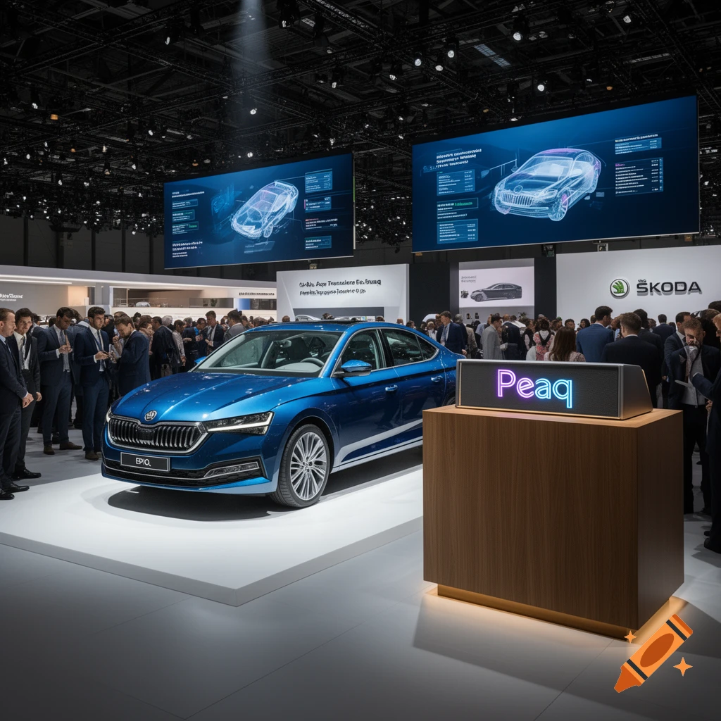 A blue sedan car labeled "EPIQ" on display at a bright exhibition hall with large screens, "Peaq" sign, and many people in suits around it.
