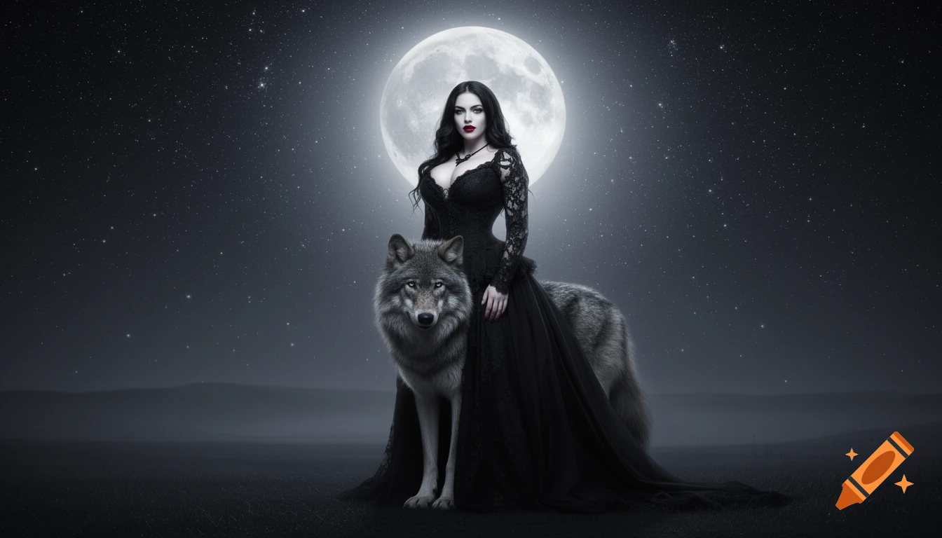 A gothic woman in a black gown stands with a wolf beneath a large full moon and starry night sky.