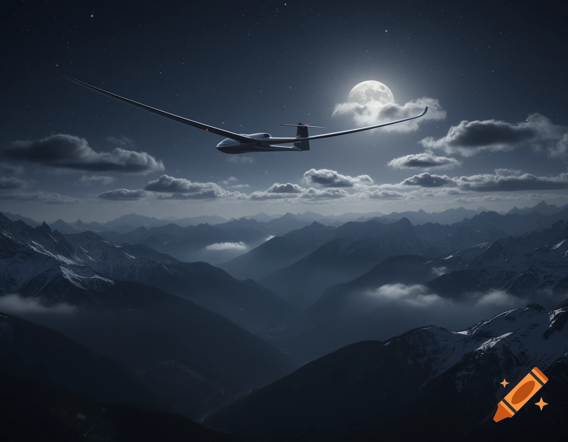 A photorealistic glider soars under a full moon in a star-filled night sky above snow-capped mountains.