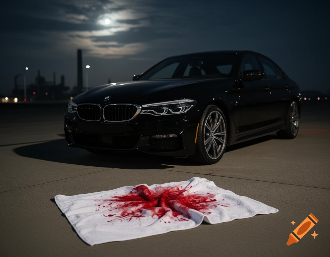 Photorealistic image of a black BMW car parked at night, with a blood-stained white towel on the tarmac in front.