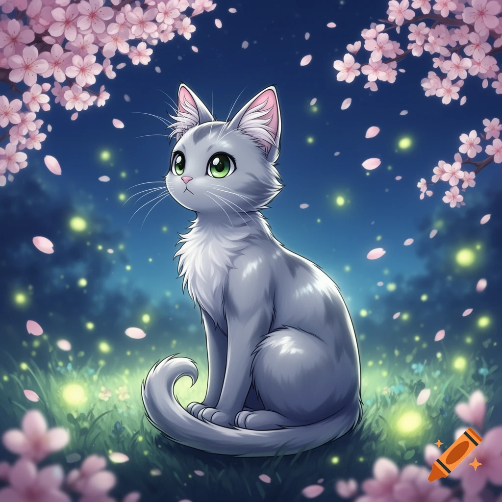 An anime-style gray cat with green eyes sits looking up under pink cherry blossoms at night, with glowing particles in the air.