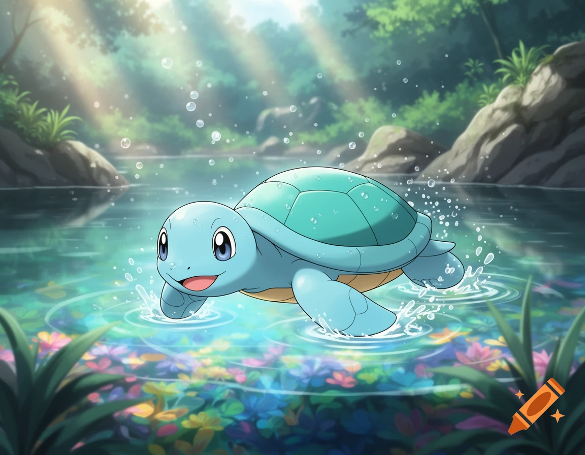 A smiling blue Squirtle, a turtle Pokemon, happily splashes and swims in a sunlit lagoon with colorful underwater flowers.