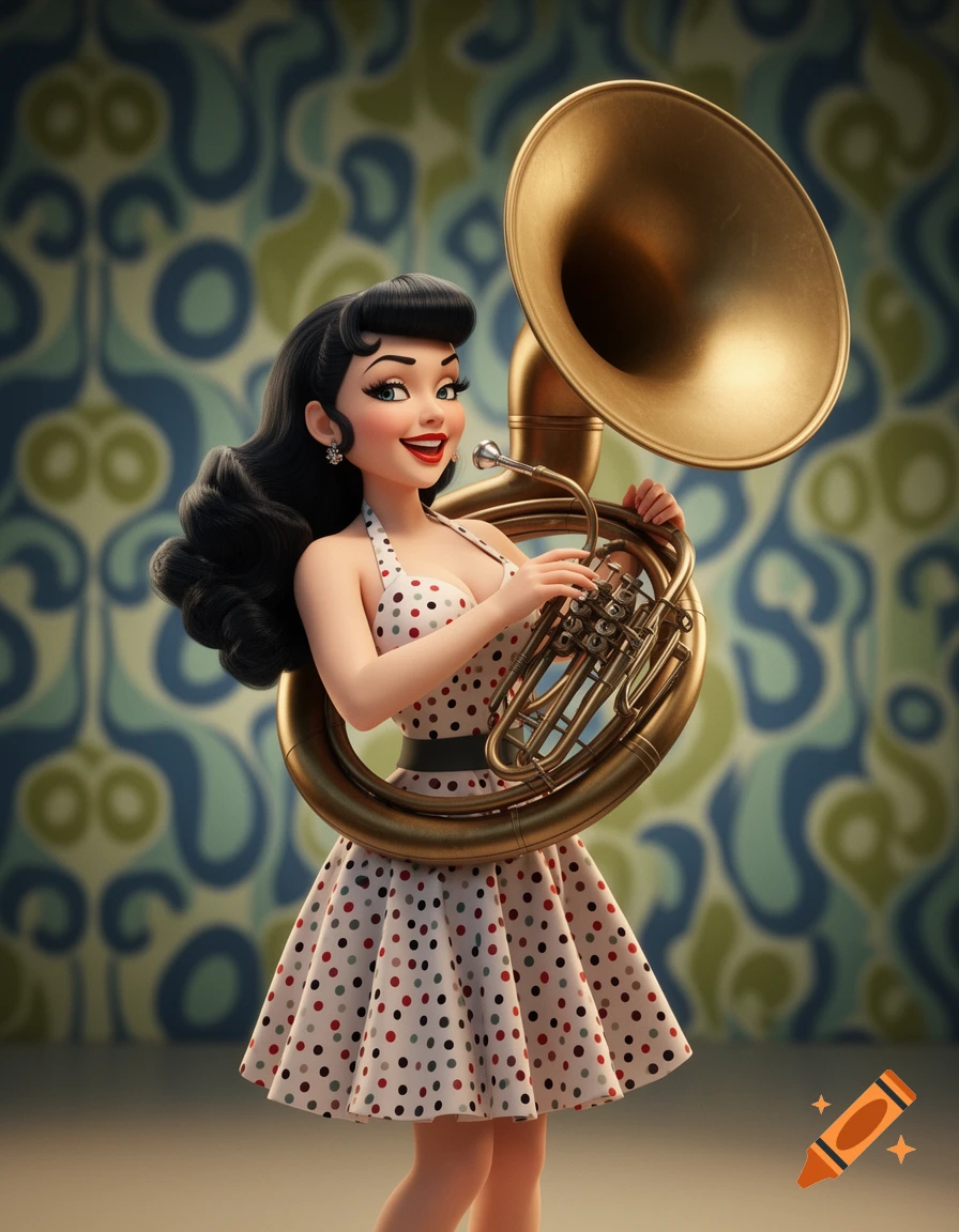A smiling, stylized 3D pin-up woman with black hair in a polka-dot dress plays a bronze sousaphone.