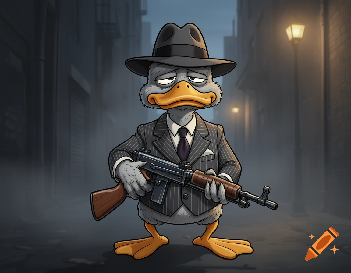 A tired-looking cartoon duck in a pinstripe suit and fedora holds a Thompson submachine gun in a dark alley.