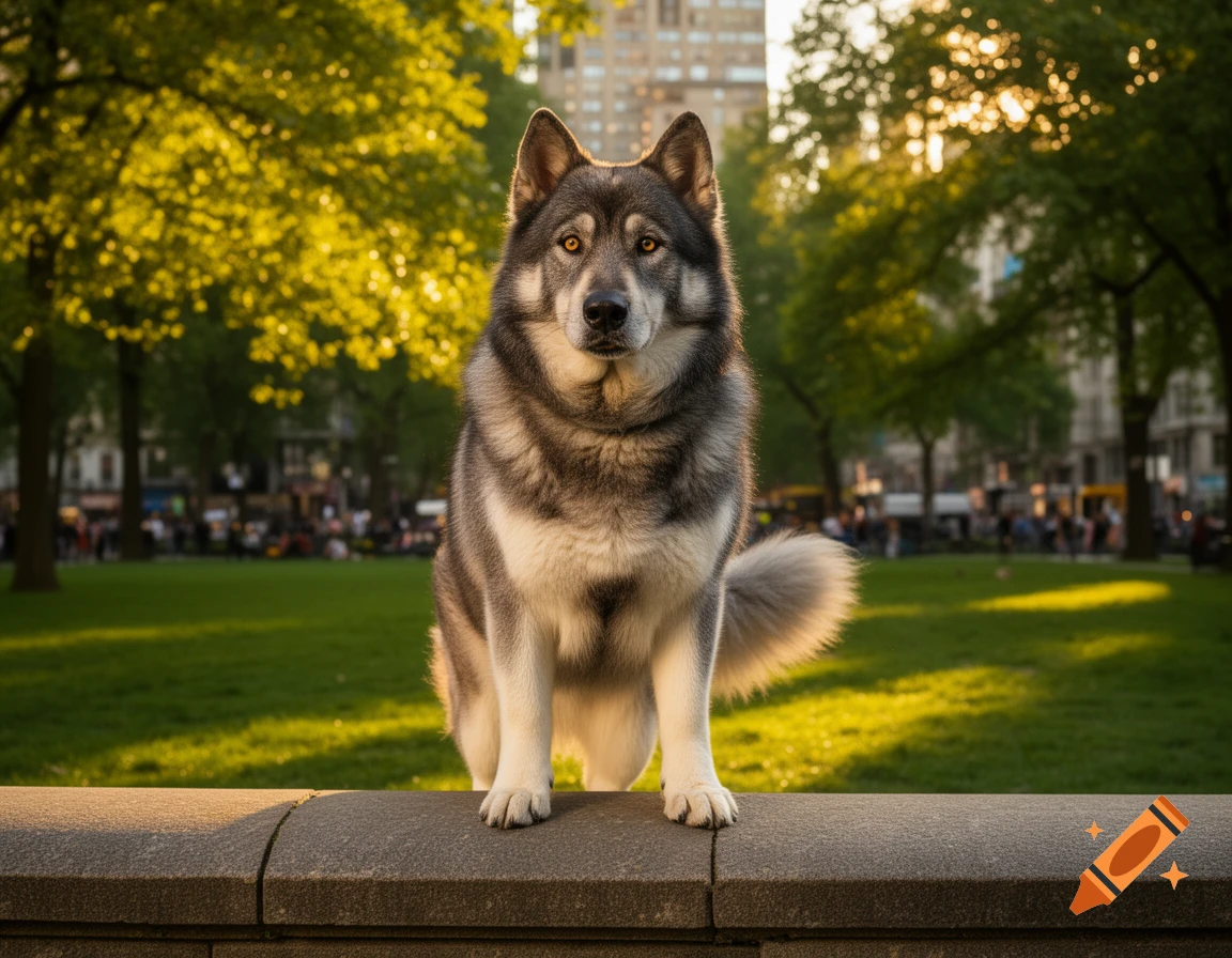 A photorealistic husky-like dog sits on a stone wall in a sunny park with city buildings behind it.