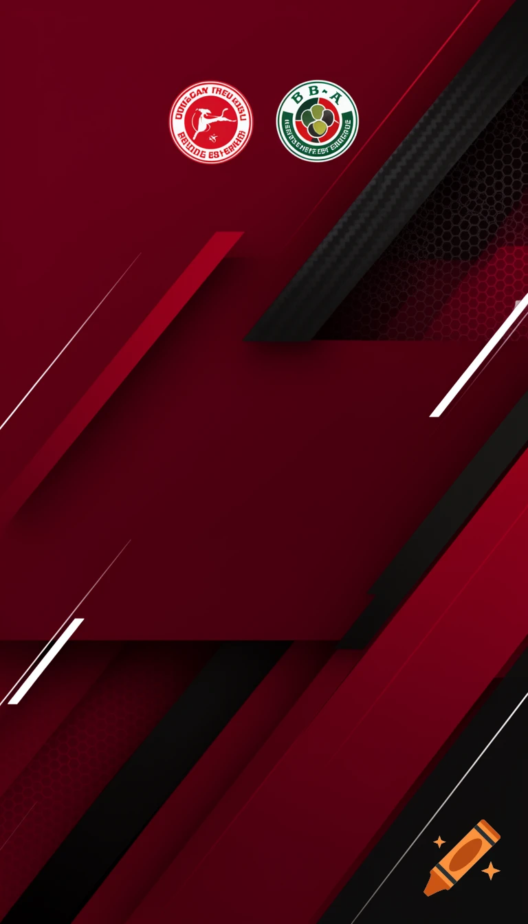 A modern sports background with red and black geometric shapes, diagonal lines, and subtle carbon fiber and hexagon patterns. Two circular, illegible logos are at the top.