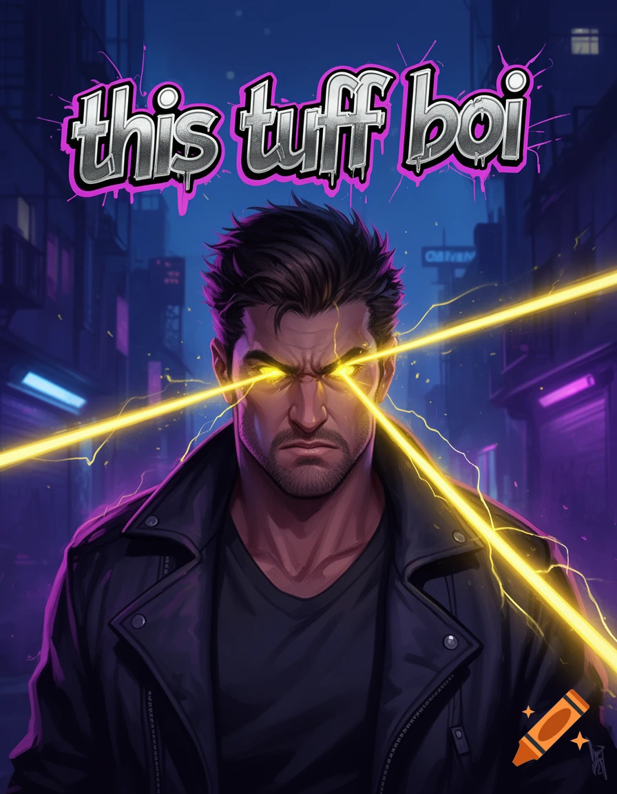 A man with glowing yellow laser eyes and a black leather jacket stands in a neon city, with 'this tuff boi' above him.