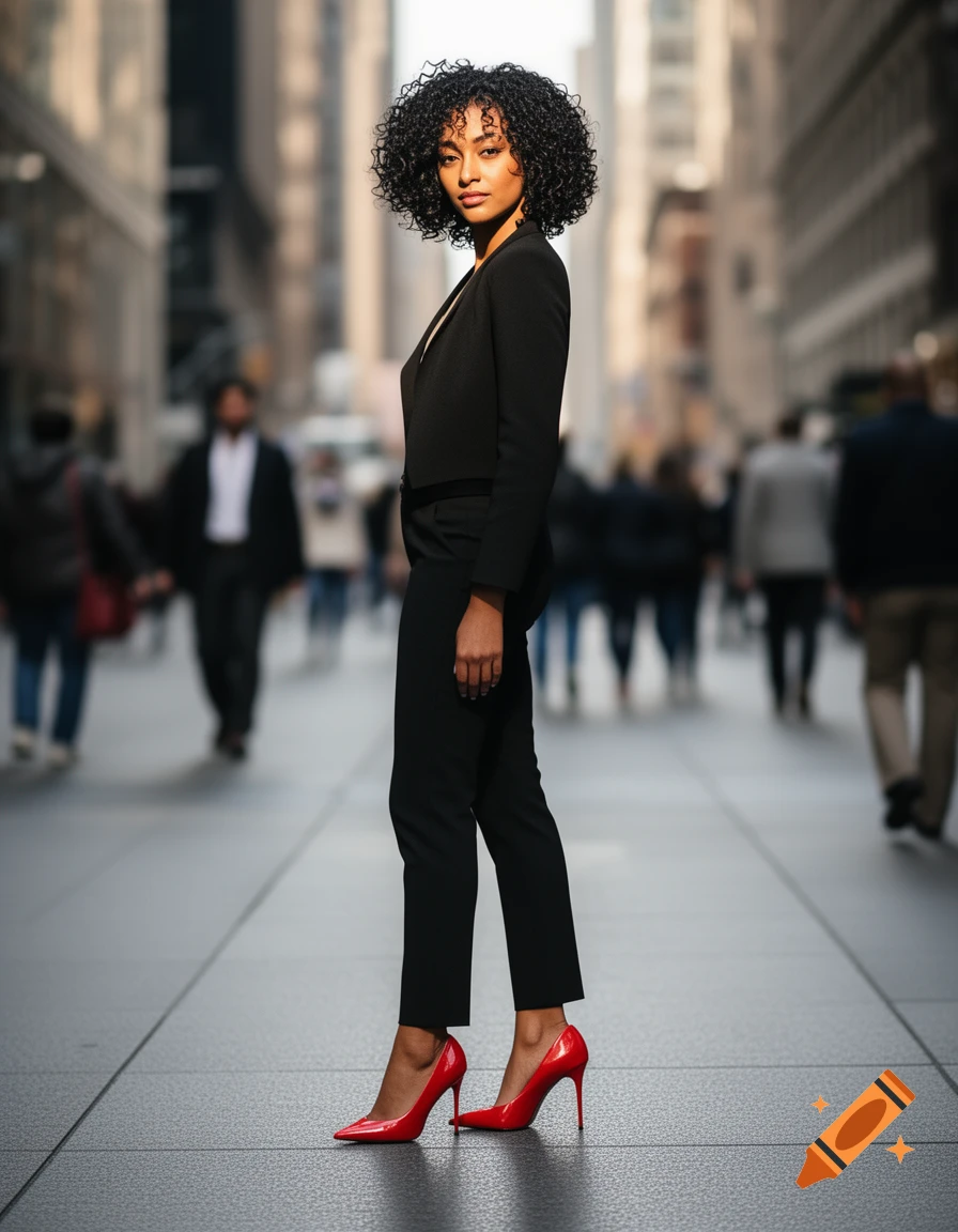 A woman with curly black hair, dressed in a black suit and red high heels, stands on a city sidewalk, looking towards the camera.
