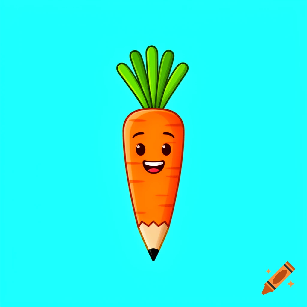 A cheerful cartoon carrot with its bottom half shaped like a pencil, against a solid blue background.