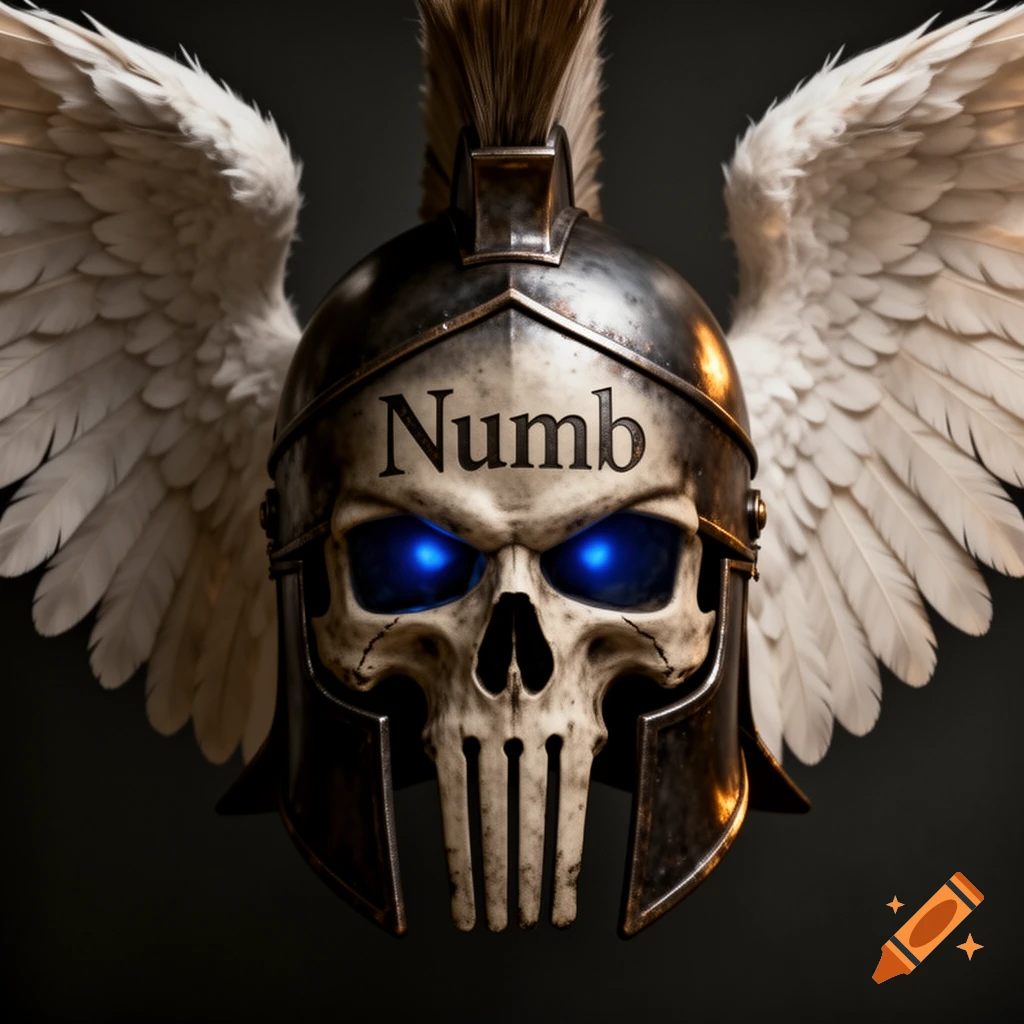 A detailed grim skull wearing a Spartan helmet with glowing blue eyes, angel wings, and the word 'Numb' on its forehead.