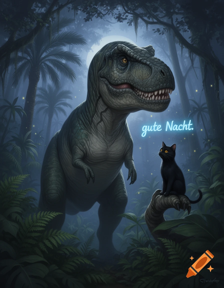 A large T-Rex stands in a dark jungle with a black cat on a branch, illuminated by a full moon and fireflies, with glowing blue text 'gute Nacht.'