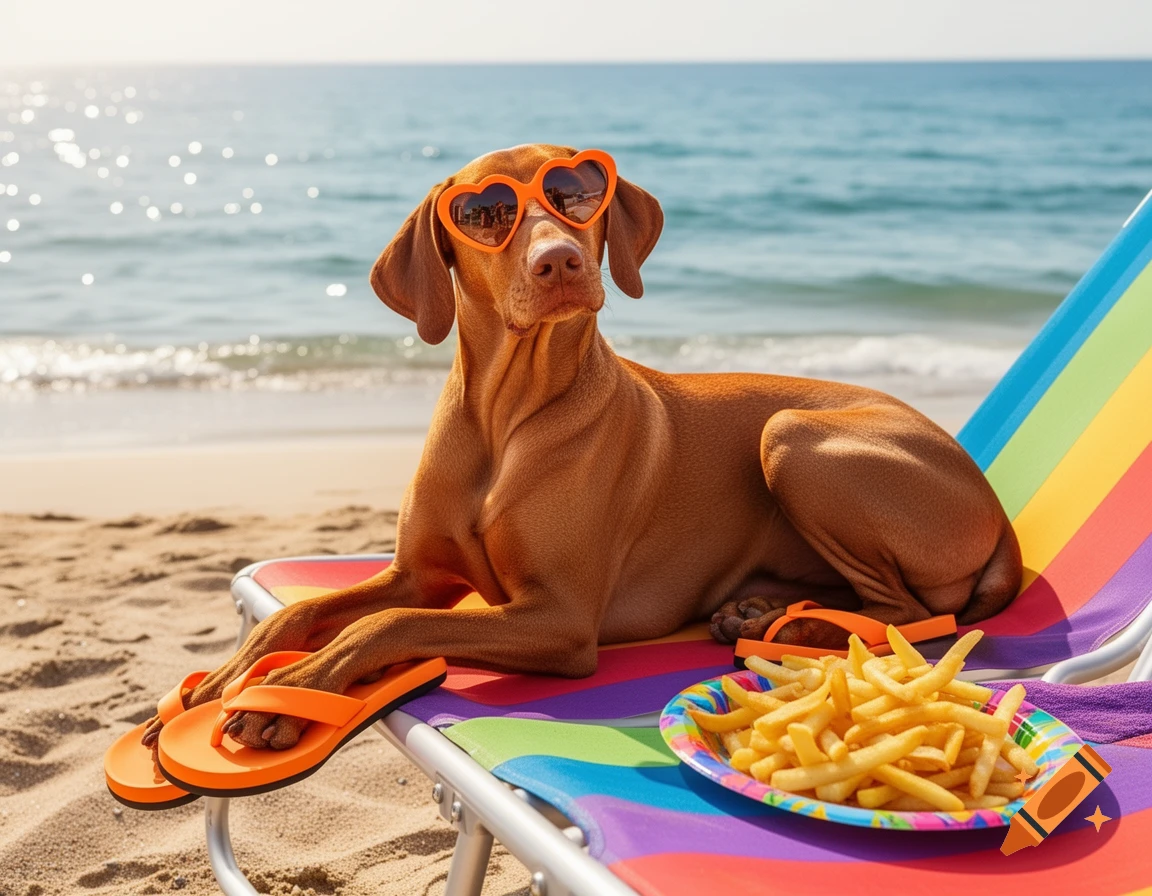 A Vizsla dog wearing orange heart-shaped sunglasses and flip-flops, lying on a colorful striped beach chair on a sunny beach next to a plate of fries.