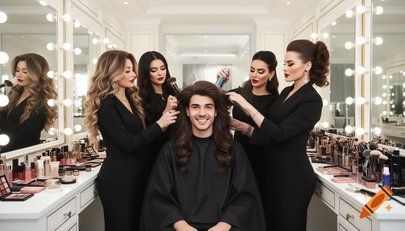 Photorealistic image of a man getting his long hair styled by four women in a luxurious beauty studio with lighted vanity mirrors and makeup.