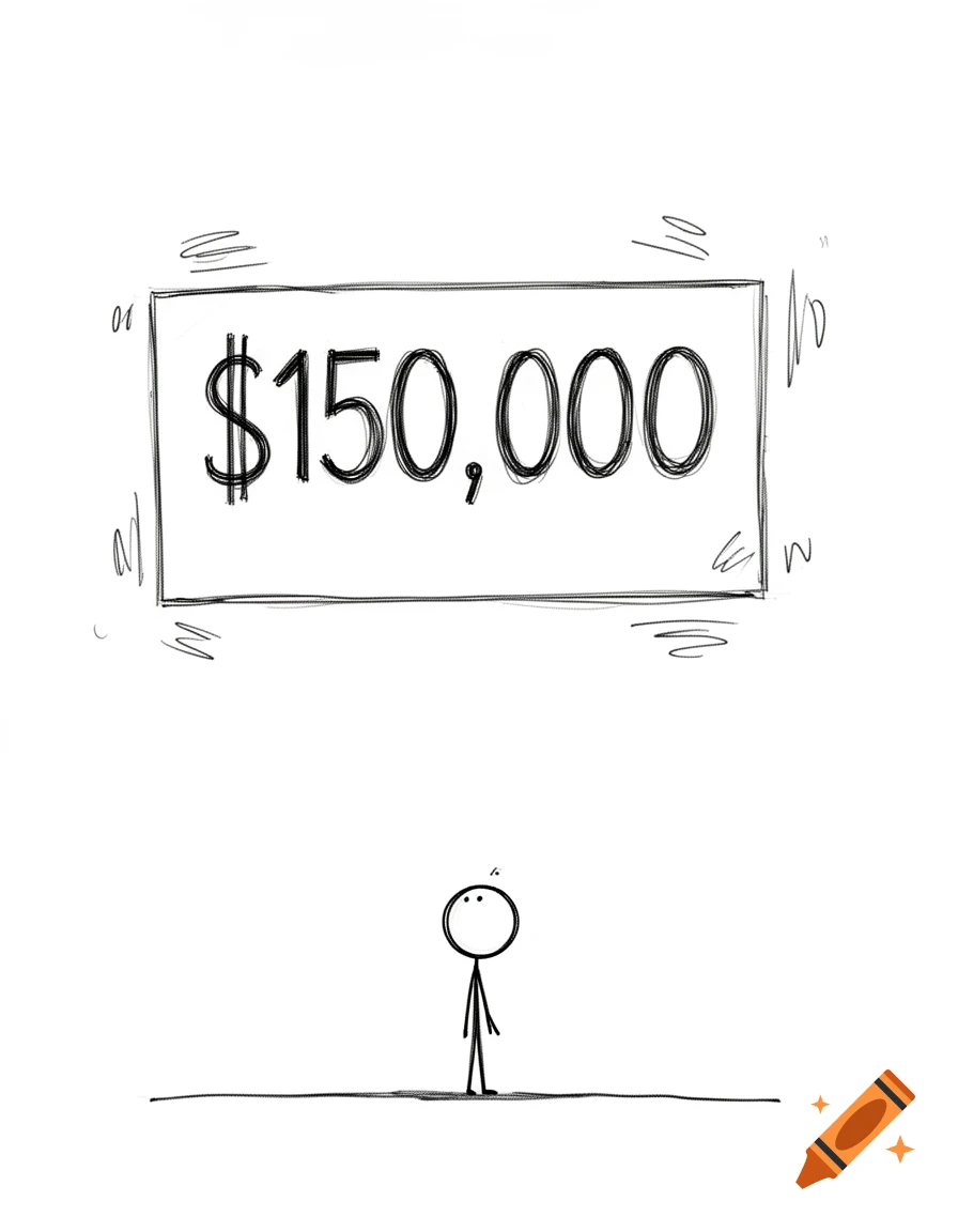 A minimalist stick figure looks up at a large, hand-drawn sign with "$150,000" on a white background.