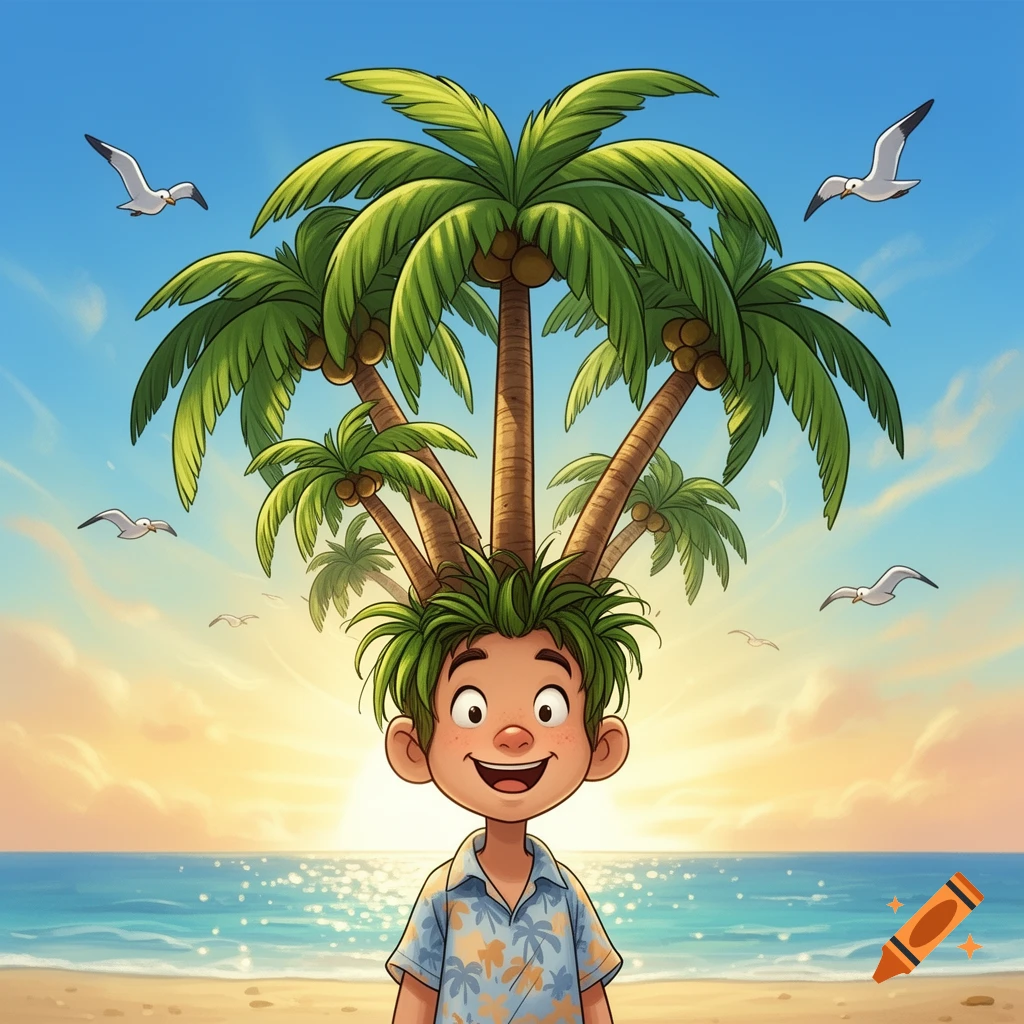 A smiling cartoon boy with green hair shaped like palm trees, standing on a sandy beach at sunset, with seagulls flying in the sky.