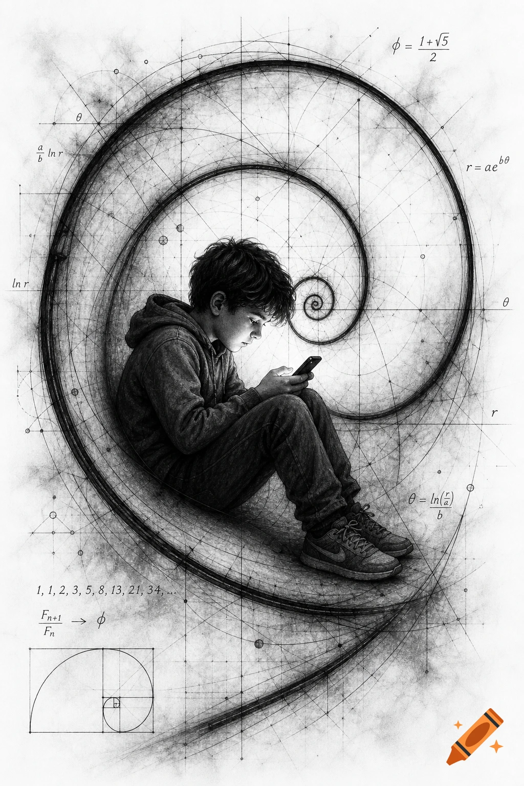 Black and white illustration of a boy engrossed in his phone, sitting within a large logarithmic spiral and mathematical equations.