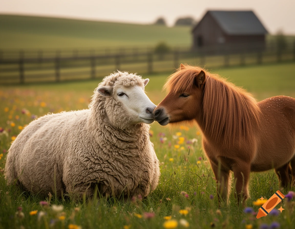 A large sheep and a small brown pony gently touch noses in a sunlit meadow with wildflowers and a distant barn.