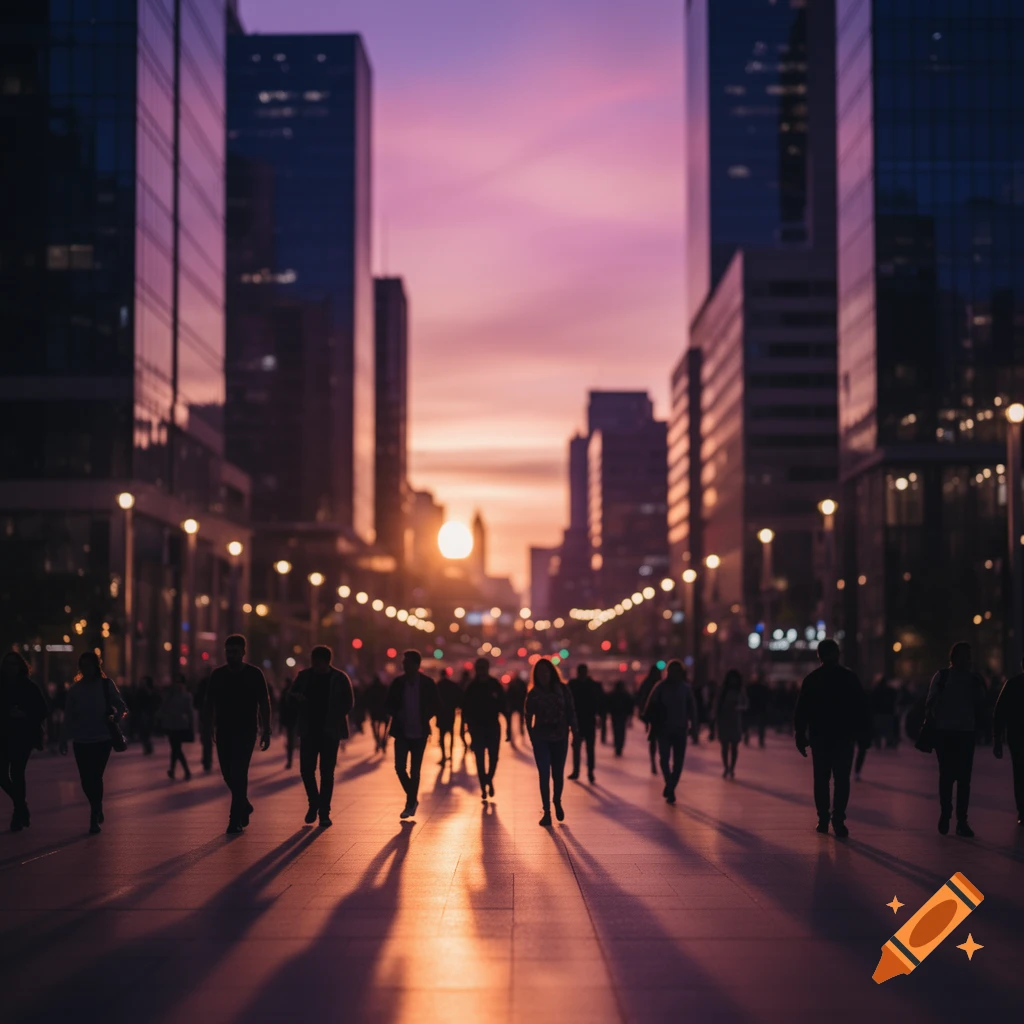 Silhouetted people walk on a city street at sunset, with tall buildings and streetlights under a purple and orange sky.