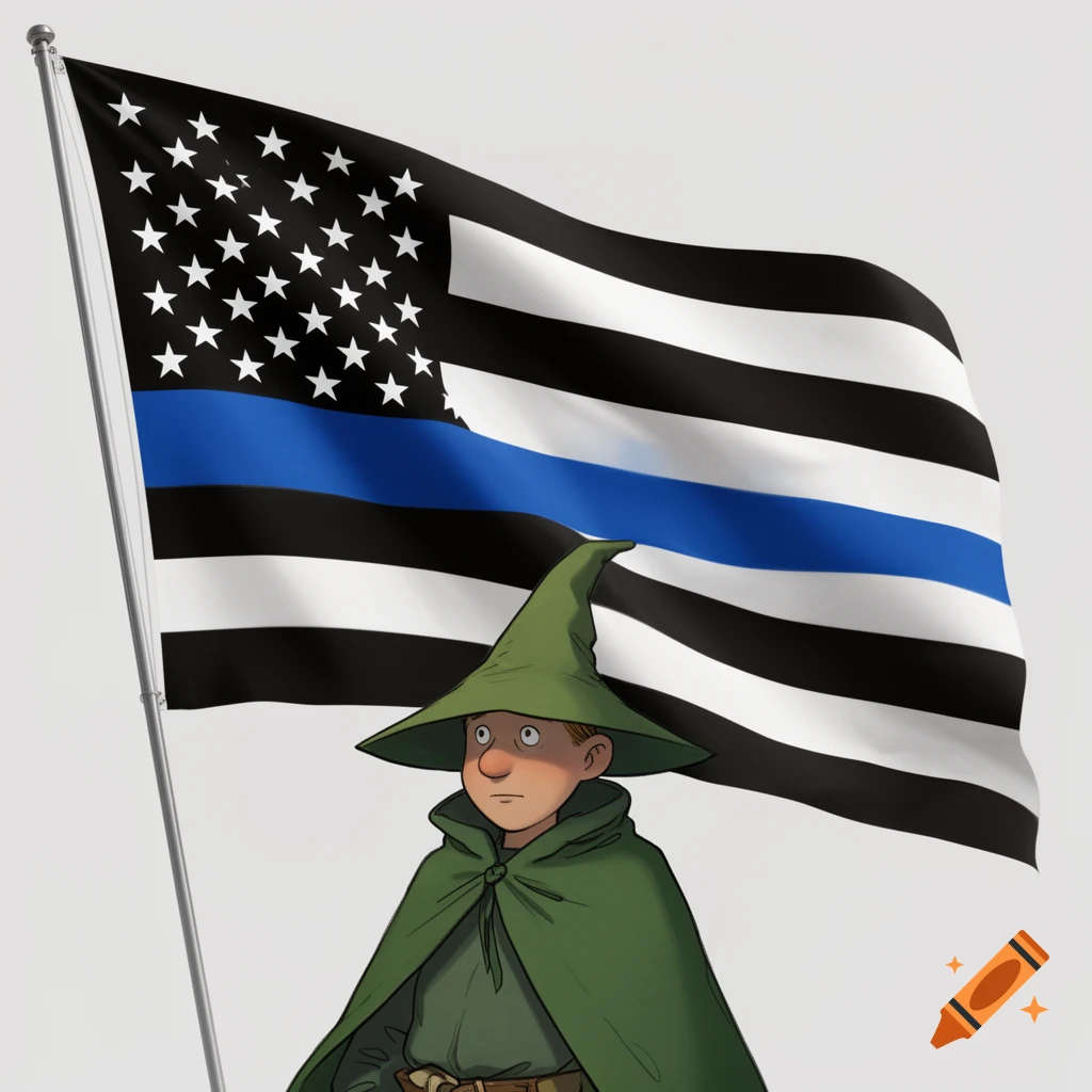 A cartoon Snufkin, wearing a green hat and cloak, stands in front of a Thin Blue Line American flag.