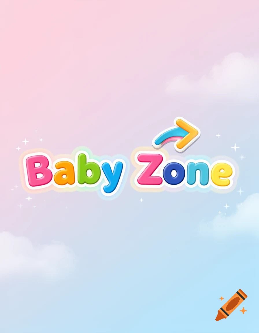 Colorful text 'Baby Zone' with a right-facing arrow on a pastel pink and blue cloud background with sparkles.