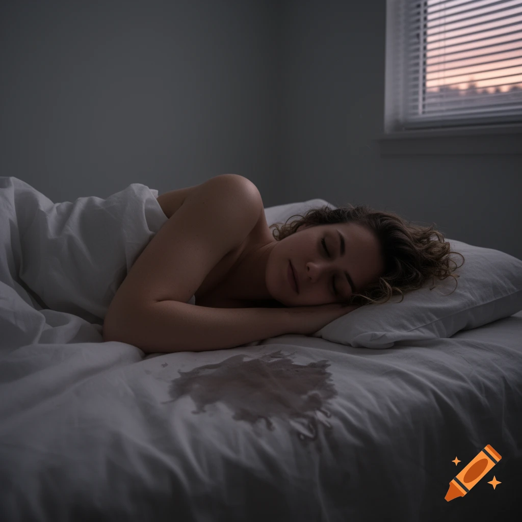 A woman sleeps on her side in a dimly lit bed with a large, dark stain on the white sheet.