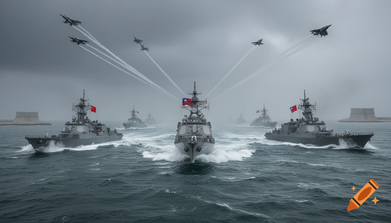 A fleet of military warships sails through choppy waters under a stormy sky, with several fighter jets flying overhead leaving white contrails.