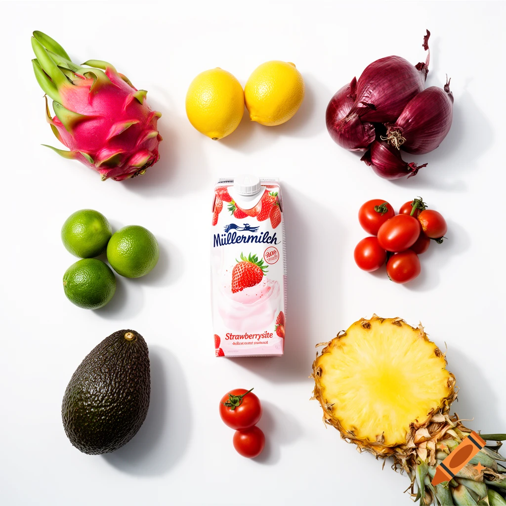 Flat lay of a strawberry Müllermilch carton surrounded by dragon fruit, lemons, limes, red onions, tomatoes, an avocado, and a pineapple half on a white background.