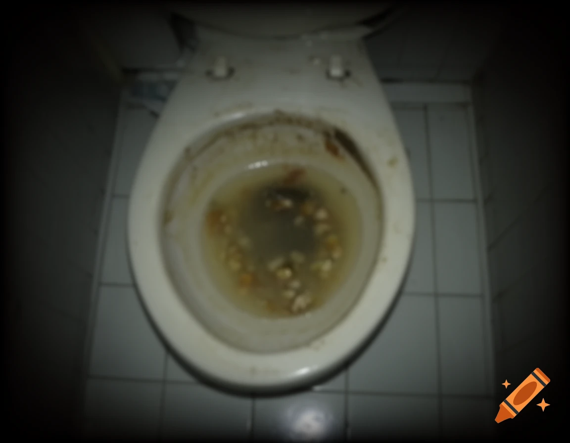 A blurry, low-quality, top-down view of a dirty toilet filled with vomit.