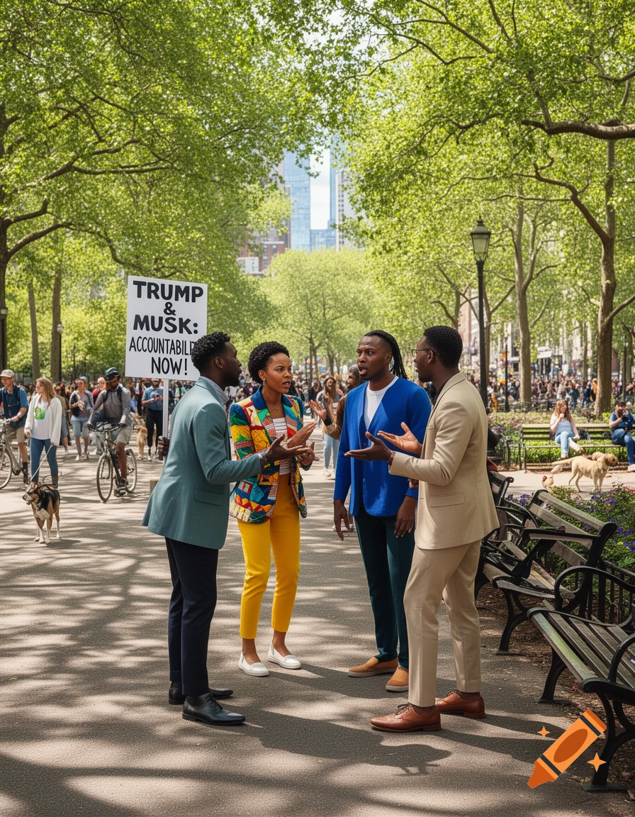 Four Black people converse in a sunny park with a political protest sign in the background, showing city buildings and trees.