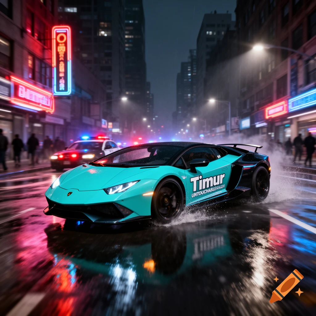 A teal Lamborghini sports car races on a wet city street at night, pursued by a police car. Neon lights reflect on the asphalt.