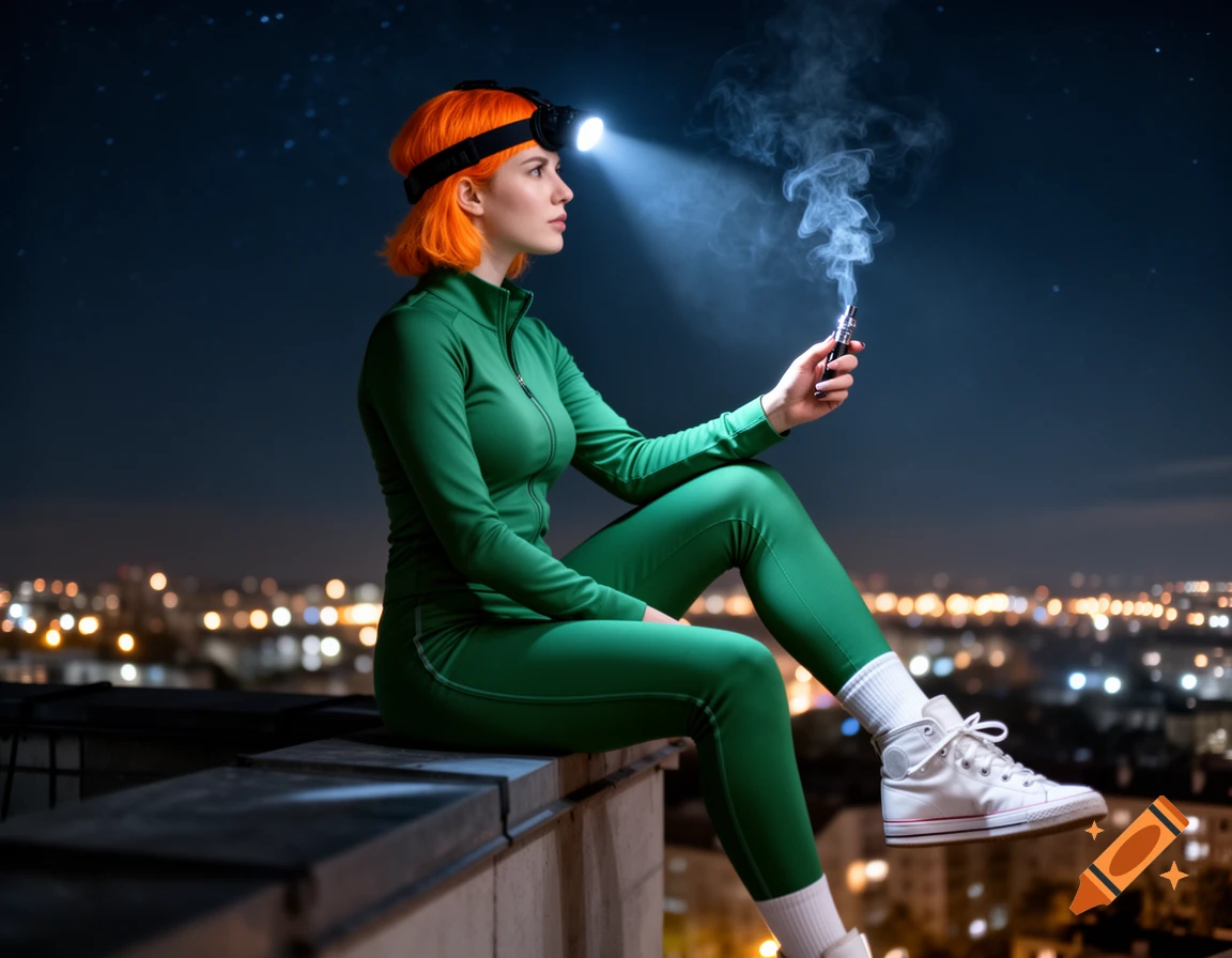 Photorealistic image of a young woman with orange hair and a headlamp, holding a vape, sitting on a building at night with city lights.